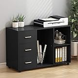 Tribesigns 3-Drawer File Cabinets, Large Wood Mobile Lateral Filing Cabinets Printer Stand with Storage Shelves and Wheels for Home Office (Black)