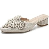 EGEBS Women's Pearl Print Leather Low Heels Mules Fashion Comfortable Closed Pointed Toe Slip on Block Heel Backless Pumps for Party Prom Date Wedding Dress Slides