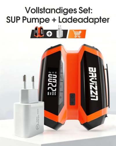 BAVIZZN Elektische Sup Pumpe Akku 22PSI Elektrische Pumpe Sup 76.96WH | Akku Pumpe Sup Aufblasen 6 SUP12V DC Typ-C-Anschluss Aufblasen & Entleere für Paddle-Board,Boot,Kayaks,Wassersport
