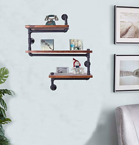 Industrial Pipe Shelving Bookshelf Rustic Modern Wood Ladder Pipe Wall Shelf 3 Tiers Wrought IronPipe Design Bookshelf DIY Shelving(Dia 32mm,Weight:30lb) - Thumbnail 2