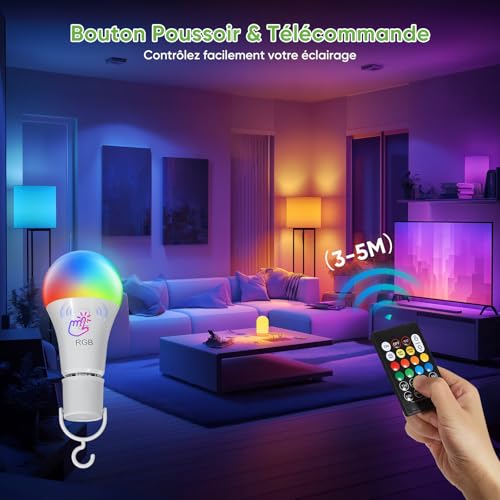 Kimjo E27 LED Light Bulb, RGB Rechargeable Bulb with Remote Control Wireless Dimmable, USB C LED Battery with Timing Function, 7W, 2000mAh, Pack of 2