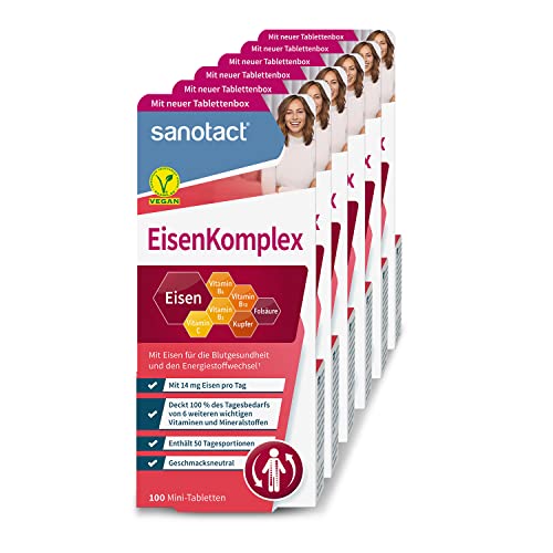 sanotact Eisen Komplex (6x100 Mini-Tabletten) • Mit 14mg Eisen hochdosiert, Kupfer, Folsäure, Vitamin C, B2, B6, B12