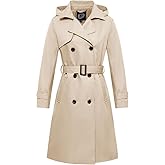 poonyfesh Women's Waterproof Long Trench Coat Double Breasted Windbreaker Classic Lapel Belted Coat With Detachable Hood
