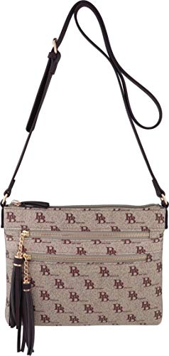 B BRENTANO Vegan Multi-Zipper Crossbody Handbag Purse with Tassel Accents (BB Brown)