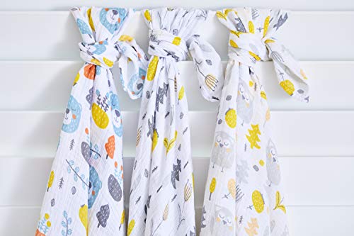 Bubzi Co Woodland Swaddle Muslin Receiving Blanket Set - Pack of 3 -Gender Neutral Design -Soft 100% Cotton Fabric - 47 x 47 inch- 120 x 120cm - Infant Swaddling Blankets for Baby Registry Burp Diaper