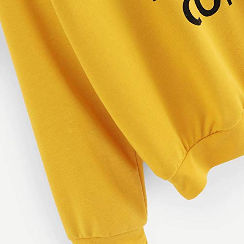 Tsmile Women Long Sleeve Activewear Hoodie Sweatshirt Letters Print Drawstring Hooded Plain Pullover Tops Blouse Yellow