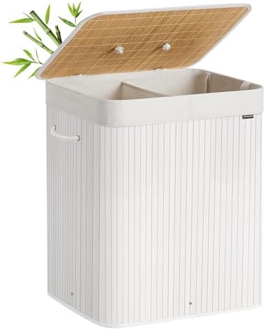 Cesta Portabiancheria con Coperchio, 2 Scomparti, 120 L, Cesto Porta Biancheria in Bambù Pieghevole, Sacco Rimovibile e Lavabile in Lavatrice, Maniglie, Lavanderia Camera, Bianco LCB014W01