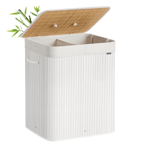 Cesta Portabiancheria con Coperchio, 2 Scomparti, 120 L, Cesto Porta Biancheria in Bambù Pieghevole, Sacco Rimovibile e Lavabile in Lavatrice, Maniglie, Lavanderia Camera, Bianco LCB014W01