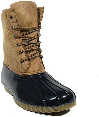 Women's Mid-Calf Snow Booties Shearling Fleece Sock Lined Water Resistant Duck Rubber Rain Boots Huey Rock Tan Navy 8