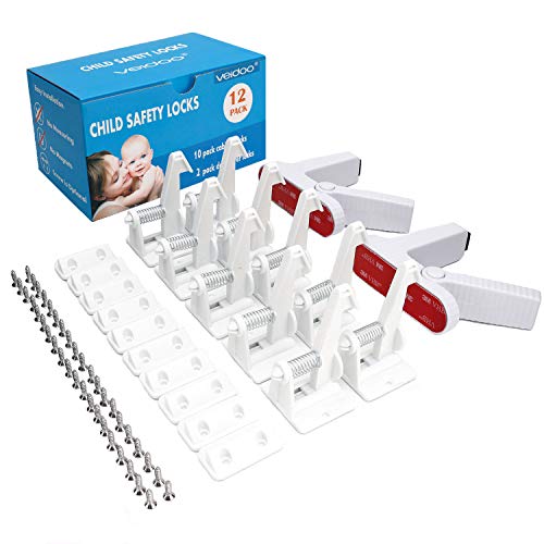 Child Safety Cabinet Locks Latches, Veidoo 10 Pack Baby Proofing Cabinets Drawer Lock with 3M Adhesive or Screws Optional & 2 Pack Door Lever Lock Child Proof (White)