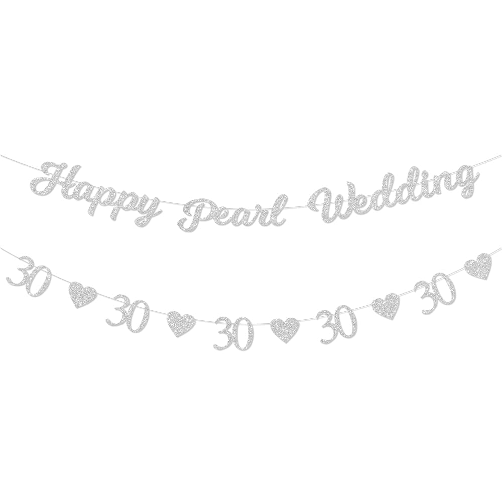 Elicola 30th Wedding Anniversary Banner Pearl Wedding Happy 30th Anniversary with Silver Heart Bunting for Party Decorations