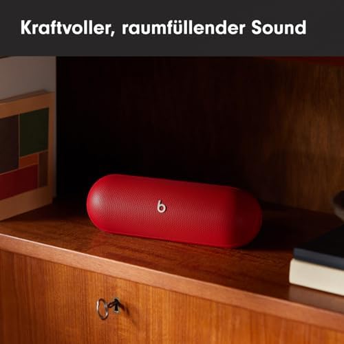 Pill Tragbarer Bluetooth-Lautsprecher, Bis zu 24 Stunden Akkulaufzeit, Wasserabweisend, Kompatibel mit Apple & Android, Kraftvoller Sound für Zuhause, Outdoor - Signalrot