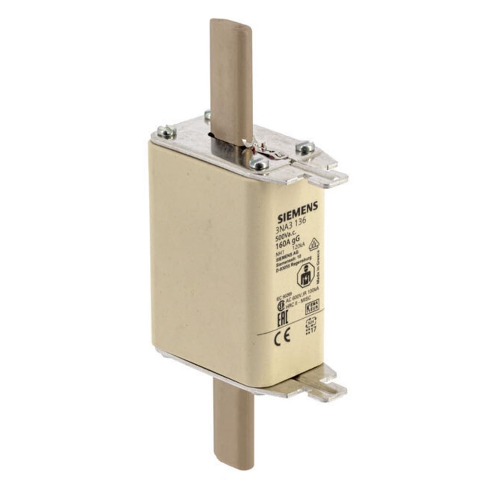 Siemens 3NA3136 LV HRC Fuse Link, NH1, in: 160 A, gG, Un AC: 500 V, Un DC: 440 V, Front Indicator, Non- Insulated Grip lugs, White