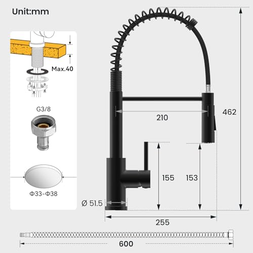 CECIPA Black Kitchen Tap with Spring and 2 Types of Jet, High Arc Kitchen Mixer Tap Black with Pull-Out Shower, 360° Swivel Sink Tap, Stainless Steel Mixer Tap