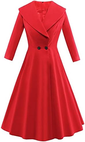 Frieed Women 1950s Buttons Lapel Vintage Pleated Swing Long Trench Coat Red M