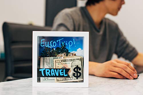 OVIE Adult Piggy Bank $ - Shadow Box with Wood Frame - Keep in Kitchen to Track Vacation/Honeymoon/Wedding/Adventure Funds - 6X6 Frames - Clear Glass/Picture Background/Colored Markers