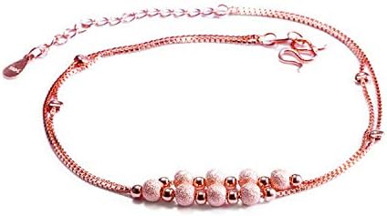 Rose Gold Plated 925 Sterling Silver Anklet Anklets Ankle Bracelets for Women Girls Double Chain Frosted Beads Charms