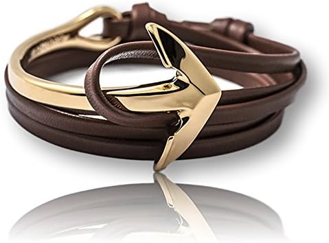 Mens Womens Genuine Leather Multilayer Bracelet Bangle Cuff Cord- Wrap Adjustable Unisex Gold Alloy Anchor Charm by TobiNCraft (Coffee)