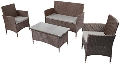 Baner Garden Outdoor Furniture Complete Patio 4Piece Cushion Pe Wicker Rattan Garden Set, (N68-CH), Chocolate