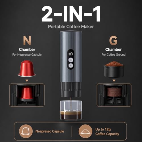AMZCHEF Portable Coffee Maker 20Bar, 2-IN-1 Self-Heating Portable Espresso Maker with LCD Display, USB-C Rechargeable, Compatible with NS Capsule & Ground Coffee for Camping, Travel, Office & Home Use