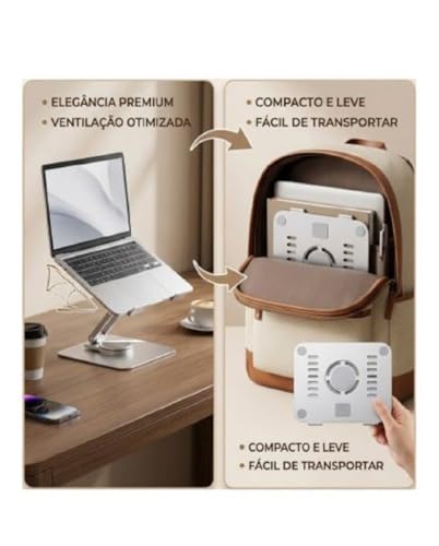 Suporte para Notebook Ajustável - Giratório 360° Ergonômico em Alumínio - Base Antiderrapante - Dobrável - Articulado - Compacto - Compatível com Notebook; Tablet; Laptop; MacBook; até 17”