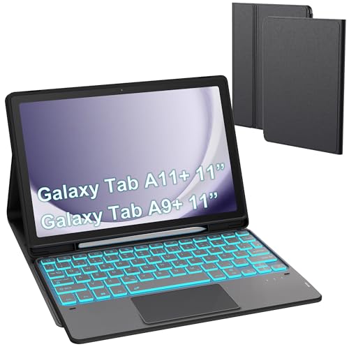 Für Galaxy Tab A9+/A11+ Hülle mit Tastatur - 7 Farben Beleuchtung Abnehmbare Trackpad Tablet Cover - Beleuchtete Deutsches QWERTZ Layout Tastatur mit Stifthalte