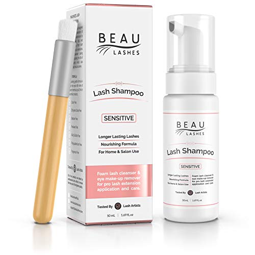 Eyelash Extension Foam Cleanser Shampoo & Brush (50ml) - Sensitive Paraben & Sulfate Free Eyelid/Lash Foaming Wash Cleaner To Remove Makeup Residue & Mascara - Perfect For Salon Use And Home Care