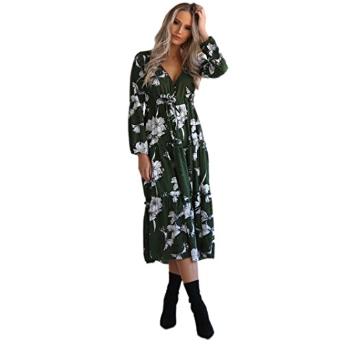 Womens Dress,FUNIC Women Boho Long Maxi Dress V Neck Floral Printing Casual Beach Party Dress (L, Green)