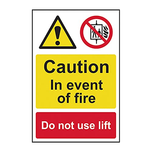 ‘Caution In The Event Of Fire Do Not Use Lift’ Sign, Self-Adhesive Semi-Rigid PVC (200mm x 300mm)