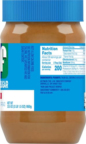 JIF NO ADDED SUGAR CREAMY PEANUT BUTTER SPREAD, 33.5 OUNCES, SMOOTH, CREAMY TEXTURE, NO STIR PEANUT BUTTER SPREAD