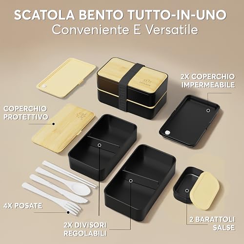 Umami Airtight Lunch Box with 4 Compartments and Cutlery, Safe for Microwave, Dishwasher, Office Lunch Box, Bento Lunchbox, Leak Proof for Adults, Lunch Box, Black and Beige, 1200 ml