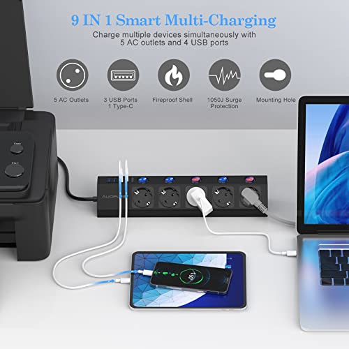 Power Strip, Individually Switchable, 5-Way Power Strip, Wall Mounted with 1 USB-C Quick Charger (PD 20 W) and 3 USB Power Strips, Multiple Socket with Surge Protection (3680 W/16 A), 2 m Cable