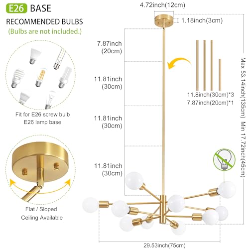 Deyidn - Lámpara de araña moderna dorada de mediados de siglo, 10 luces E26 para sala de estar, cocina, dormitorio, comedor y granja
