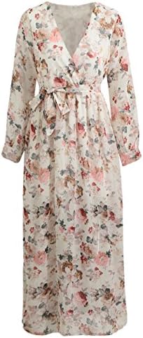 Sexy Women Chiffon Maxi Dress Floral Print Deep V Neck Long Sleeve Beach Dress Beige XL
