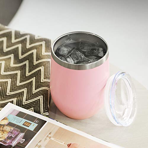 DOMICARE Insulated Wine Tumbler with Lid (2 Pack, Pink) - 12 OZ Stemless Double Wall Vacuum Traval Mug - Keeping Cold & Hot for Wine, Coffee, Cocktails, Drinks