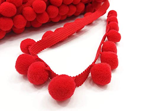 POM POM Bobble Trim Fringe Trimming - Cushion and Curtain Decoration, Home Decor - XL SIZE 2cm Craft PomPons (HOT RED, 10 METERS)