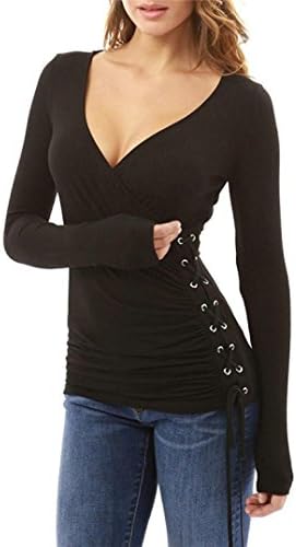 Women blouse, YISAI Women's Sexy Slim V Neck T-Shirt Ladies Long Sleeve Fashion Casual Straps Tops Shirt Blouse Tee (S, Black)