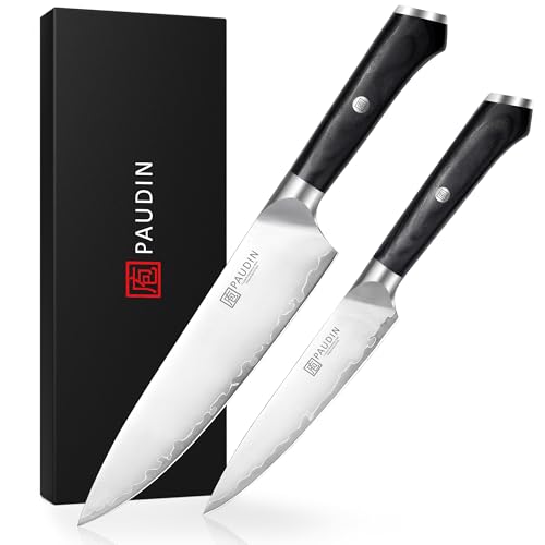 Paudin Messerset 2 Teilig Küchenmesser Set Kochmesser 20 Cm Und Allzweckmesser 12,7 Cm Profi Scharf Aus Hochwertigem Edelstahl 10Cr15Comov Mit Einer Härte Von 62 Hrc Mit Ergonomischem Holzgriff