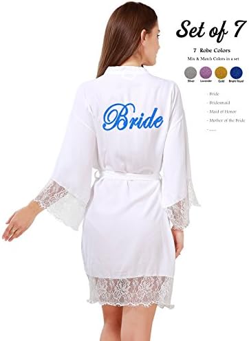 GoldOath Wedding Robes for Bridal Party Set of 7 Women's Cotton Kimono Robe Gifts to Bride Bridesmaid with Lace Trim V-Neck