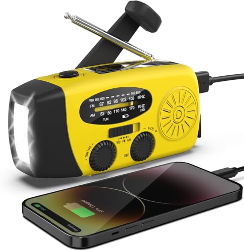 Portable AM/FM Solar Radio with 2000 mAh Rechargeable Battery and Dynamo Crank, USB Port, Rechargeable SOS Alarm/Torch, for Camping, Travelling