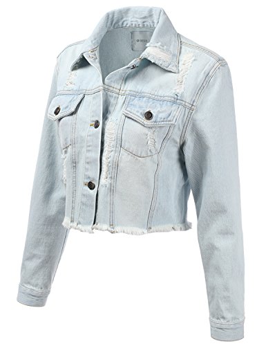 DRESSIS Womens Vintage Button Down Destroyed Cropped Denim Jacket LightBlue S