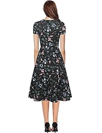 Vestido de mujer estilo clásico casual con cuello redondo floral para trabajo, fiesta, línea A, con bolsillos 162