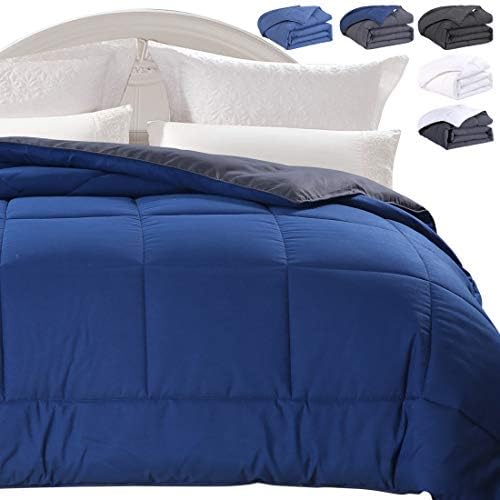 King Size Comforter Navy Blue/Dark Grey For All Seasons, Quilted Down Alternative Duvet Insert-Hotel Collection Reversible Hypoallergenic Light and Machine Washable