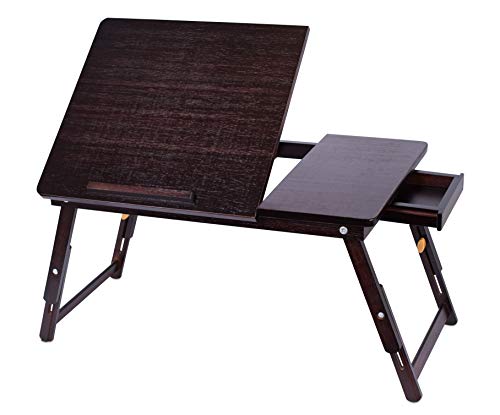 Sofia + Sam Bamboo Laptop Lap Tray with Adjustable Legs – Foldable Breakfast Serving Bed Tray – Lap Desk with Tilting Top and Side Drawer – Laptop Stand – Walnut