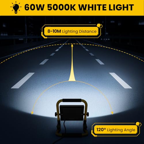 MEIKEE 60W LED Work Light, 5200LM High Bright Flood Lights, 5000K Natural White Light IP66 Waterproof Outdoor Portable Job Site Work Light with Stand for Workshop, Construction Site, Garage
