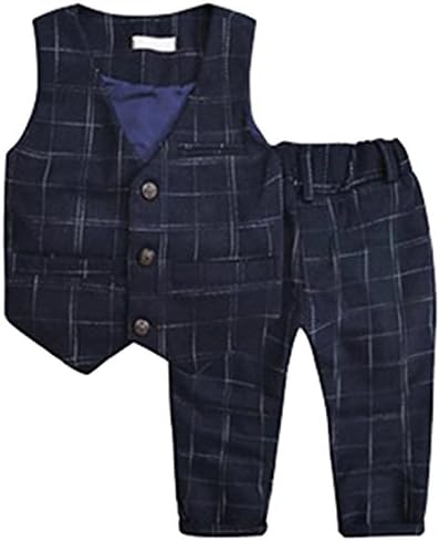 Betusline Kids Boys 2PCS Plaid Waistcoat+ Long Pants Set Navy