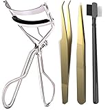 Stainless Steel Eyelash Curler Kit Tweezers Stainless Steel 4 Pack kit  1 Eyelash Curler, 1 Tweezers, 1 Eye Curling Brush Metal 1 Eye Pad Design Lash Set By Scuddles