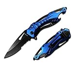 Rogue River Tactical Blue Police Style Rescue Folding Pocket Knife Multi Function Spring Assisted Opening Half-Serrated Black Blade, 4-1/2-Inch Closed Glass Breaker Bottle Opener Belt Clip