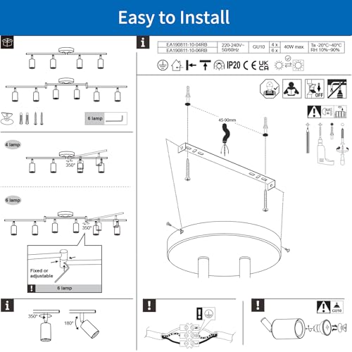 ANWIO Adjustable Black Metal Swivel Spotlight with 4 GU10 Bases – Modern Design for Ceiling Light in Bedrooms, Hallways and Living Rooms (Without Bulbs).