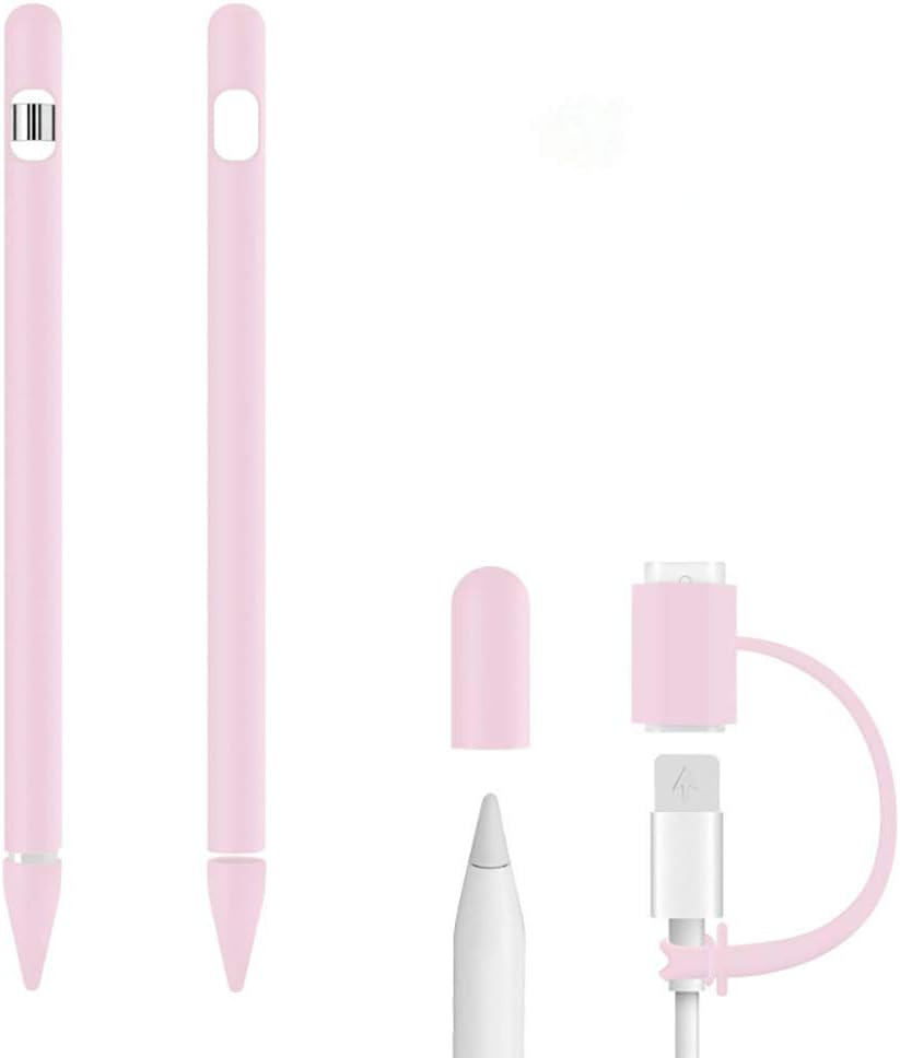 FGRYB Apple Pencil 1st Generation Case Pink, Accessories for Apple Pencil Cap Holder/Nib Cover/Lightning Cable Adapter Tether, 4 in 1 Silicone Cap Stylus Soft Silicone Protective Grip
